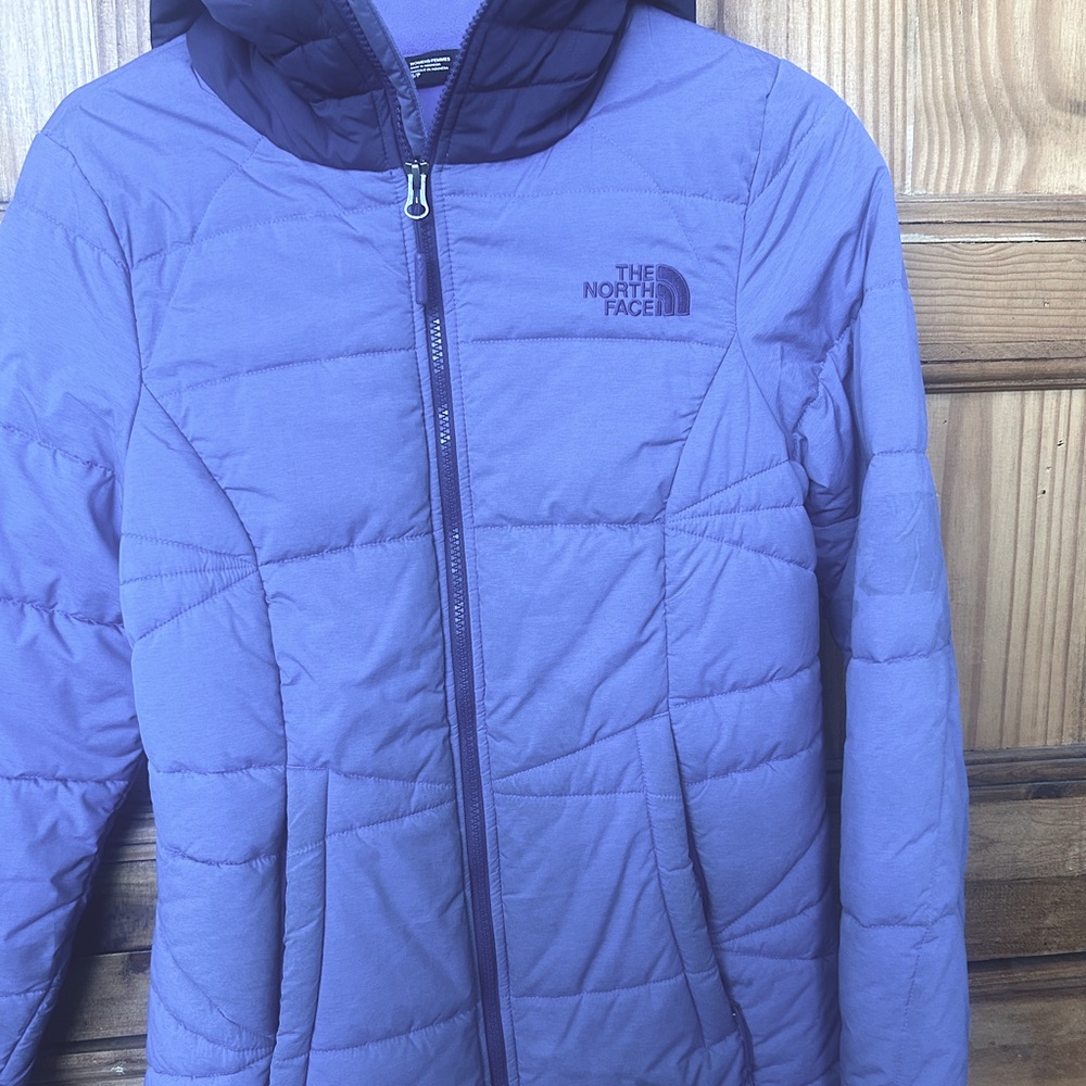The North Face Purple Puffer Jacket with Quilted Design